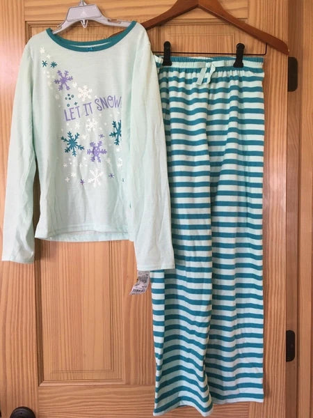 New Oshkosh Girls Snowflake Pajama 2pc Set Turquoise Fleece Bottom 10/12