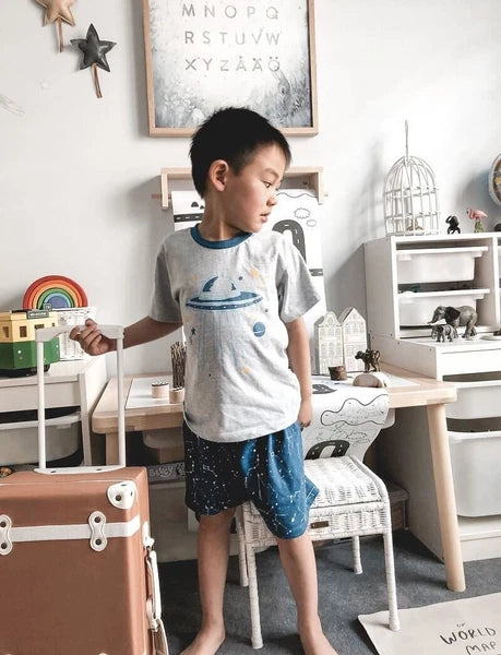 Boys Size 3-7 Grey Spaceship Summer Cotton Short Sleeve Pyjama Set – 2005