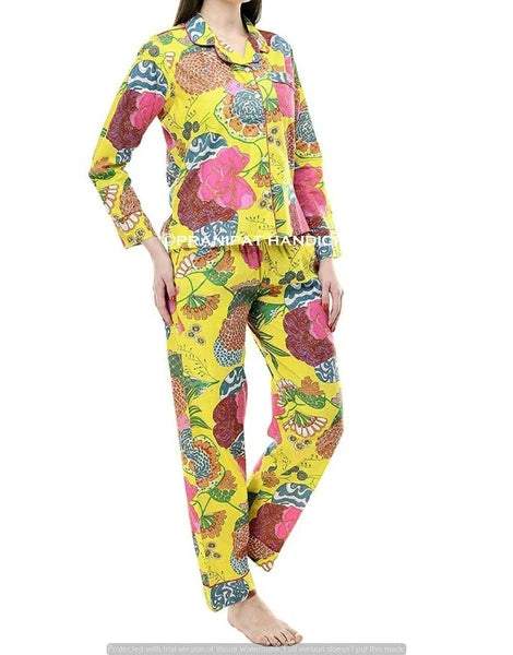 Indian Fruit Floral Print Cotton Yellow Women Nightwear Top-Pajama set Sleepwear