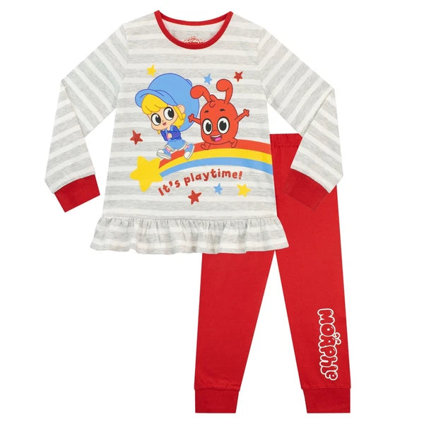 Morphle Pyjamas Toddlers Kids Girls 2 3 4 5 6 7 8 Years Pyjamas Stripes Grey Red