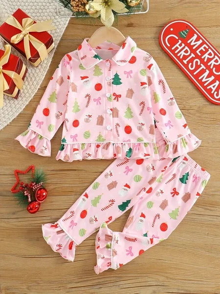 NWOT TODDLER GIRLS PINK RUFFLED CHRISTMAS PAJAMAS - SZ. 2/3 & 3/4