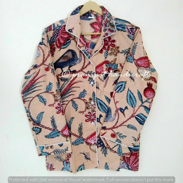 Indian Peacock Printed Cotton Peach Hippie Women Gypsy Top-Pajama set Sleepwear