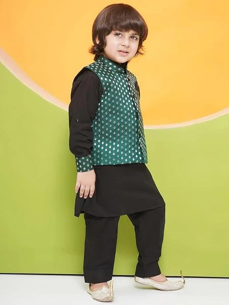 Kids Poly Chanderi Motif Printed Kurta Pajama Set Waist Coat Jacket for Boys