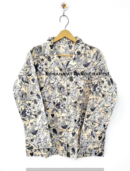 Women Sleepwear Cotton Forest Print Beige Hippie Night wear Boho Top-Pajama set