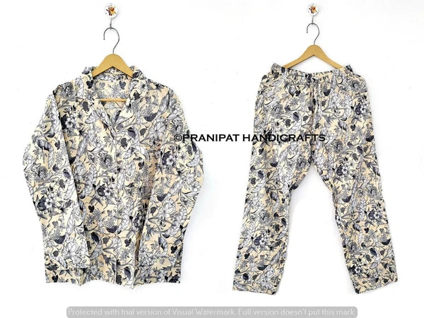 Women Sleepwear Cotton Forest Print Beige Hippie Night wear Boho Top-Pajama set