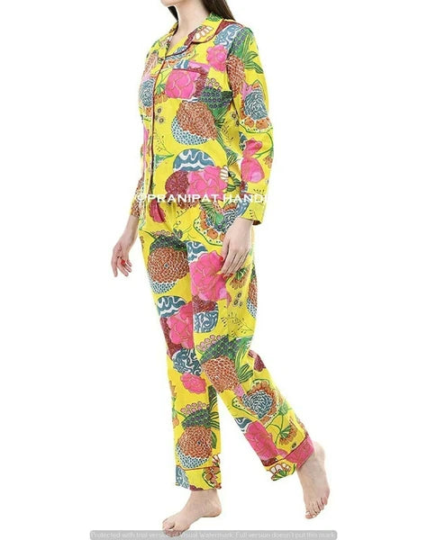 Indian Fruit Floral Print Cotton Yellow Women Nightwear Top-Pajama set Sleepwear