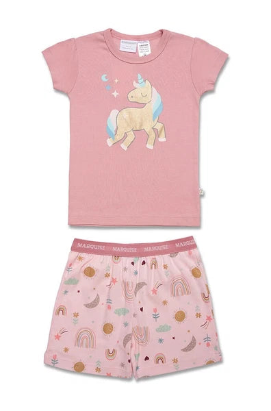Girls Size 2-7 Marquise Pink Unicorn Summer Short Sleeve Cotton Pyjama Set