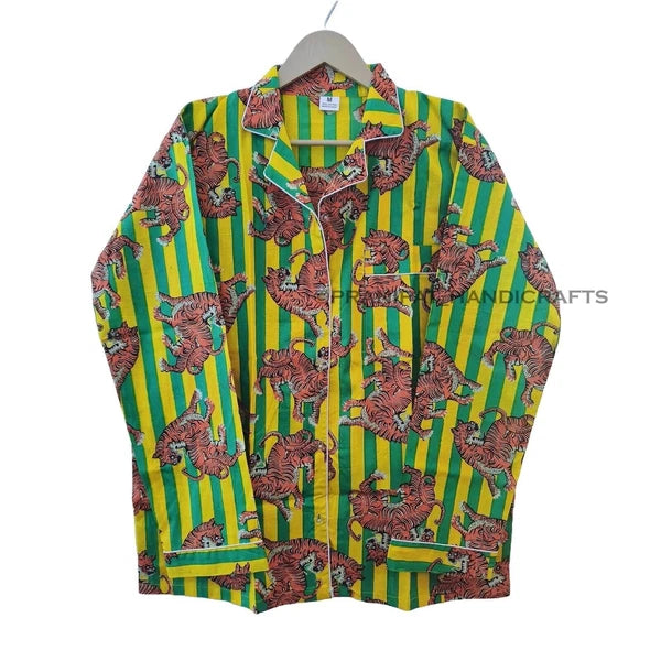 Women Dragon Tiger Print Yellow Sleepwear Cotton Gypsy Night wear Top-Pajama set