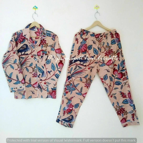 Indian Peacock Printed Cotton Peach Hippie Women Gypsy Top-Pajama set Sleepwear