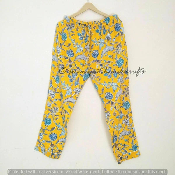 Indian Floral Printed Hippie Cotton Yellow Women Gypsy Top-Pajama set Sleepwear