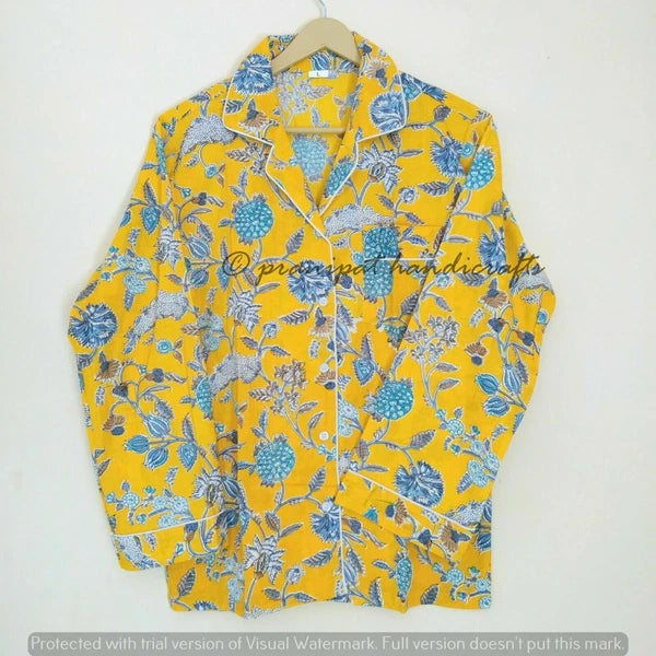 Indian Floral Printed Hippie Cotton Yellow Women Gypsy Top-Pajama set Sleepwear