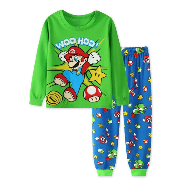 2Pcs Kids Boys Girls Super Mario Long Sleeve Pyjamas Set T-Shirt Shorts Age 1-7Y