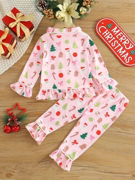 NWOT TODDLER GIRLS PINK RUFFLED CHRISTMAS PAJAMAS - SZ. 2/3 & 3/4