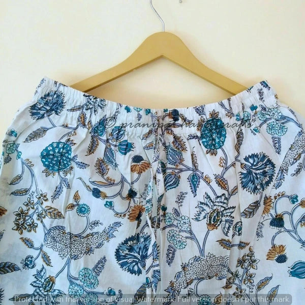 Indian Floral Printed Cotton Hippie White Women Gypsy Top-Pajama set Sleepwear