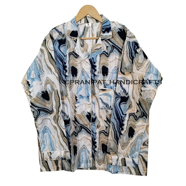 Women Abstract Summer Blue Hippie Sleepwear Cotton Ethnic Night wear Pajama set