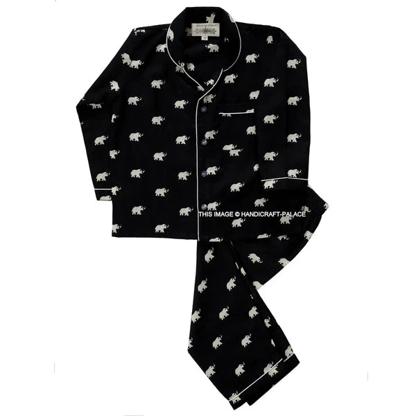 Indian Pure Cotton Kids Pajama Set Black Elephant Printed Sleepwear 1to10 Years